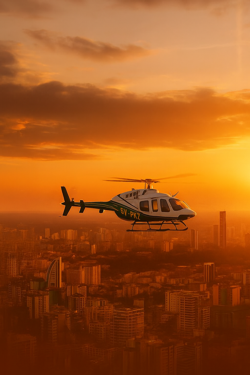 Helicopter flying over Nairobi cityscape